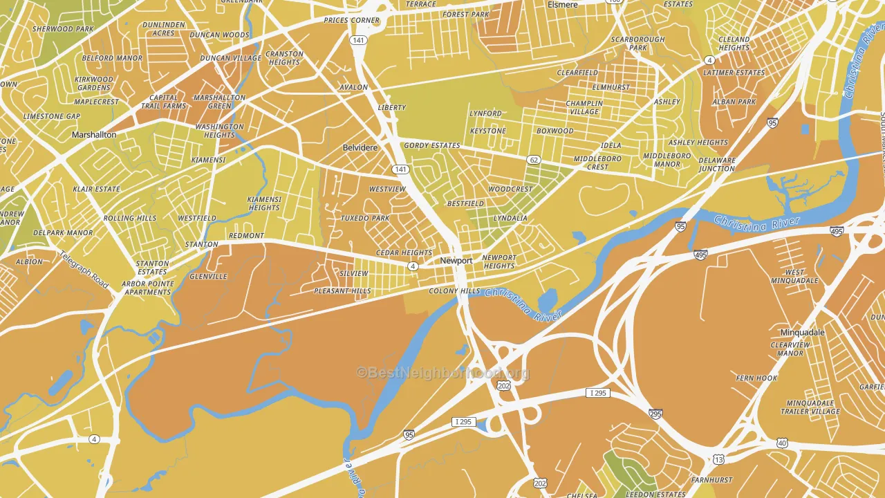Map of the best neighborhoods in the Newport area, with better matches in green and worse matches in red