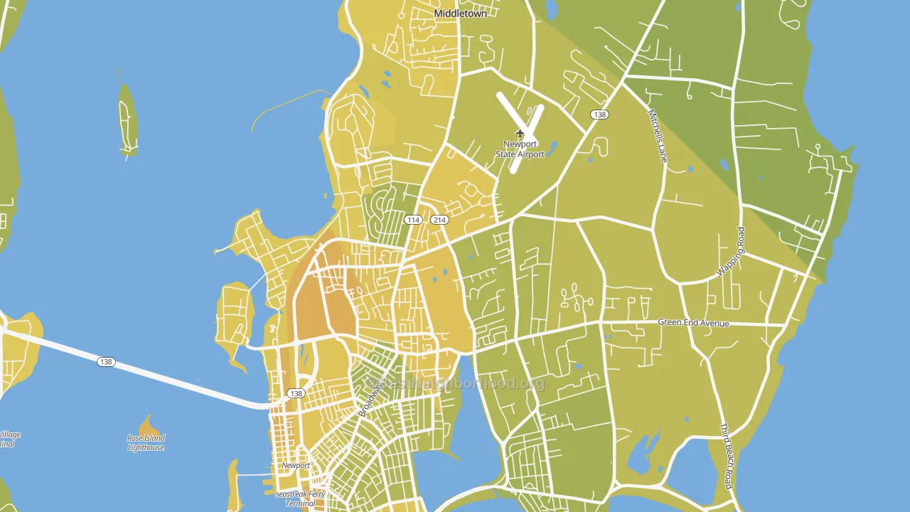 Map of the best neighborhoods in the Newport East area, with better matches in green and worse matches in red