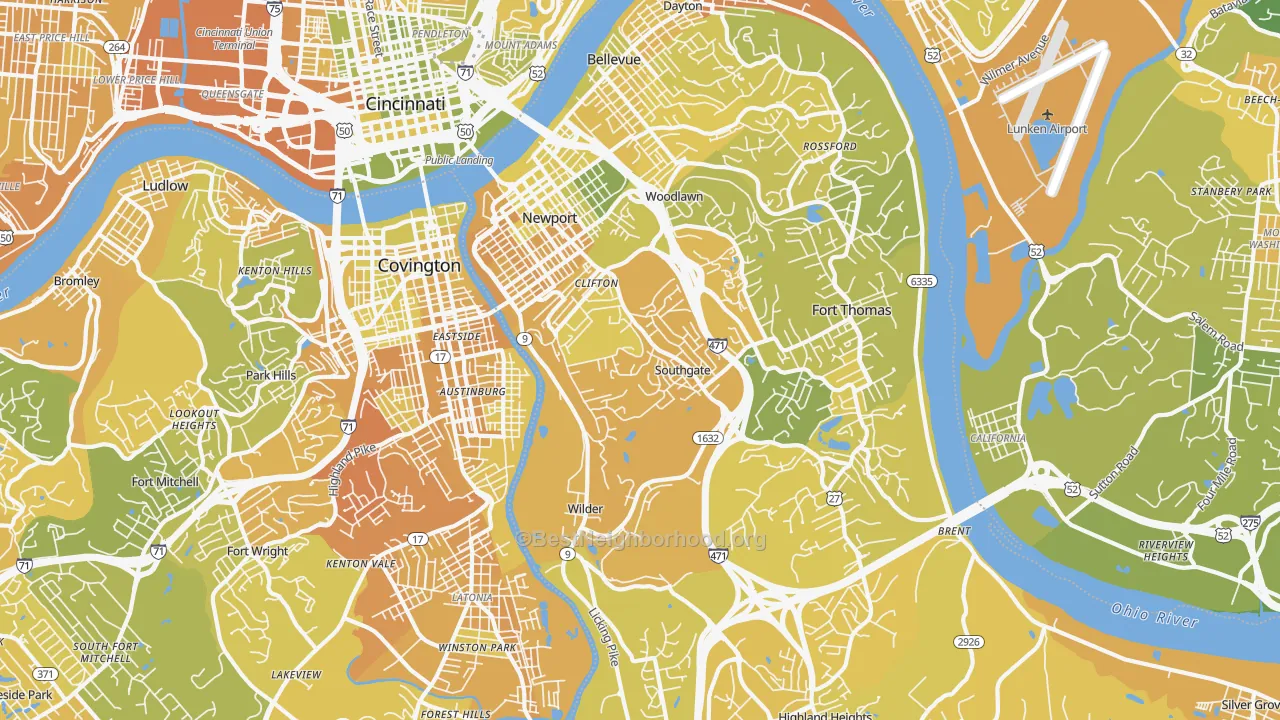 Map of the best neighborhoods in the Newport area, with better matches in green and worse matches in red