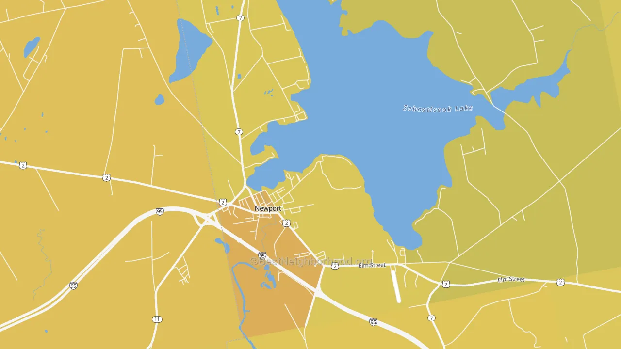 Map of the best neighborhoods in the Newport area, with better matches in green and worse matches in red