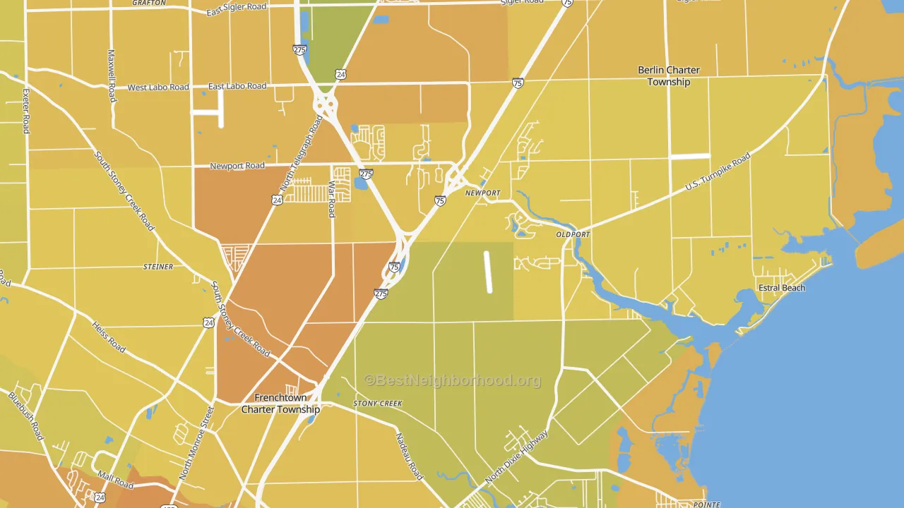 Map of the best neighborhoods in the Newport area, with better matches in green and worse matches in red
