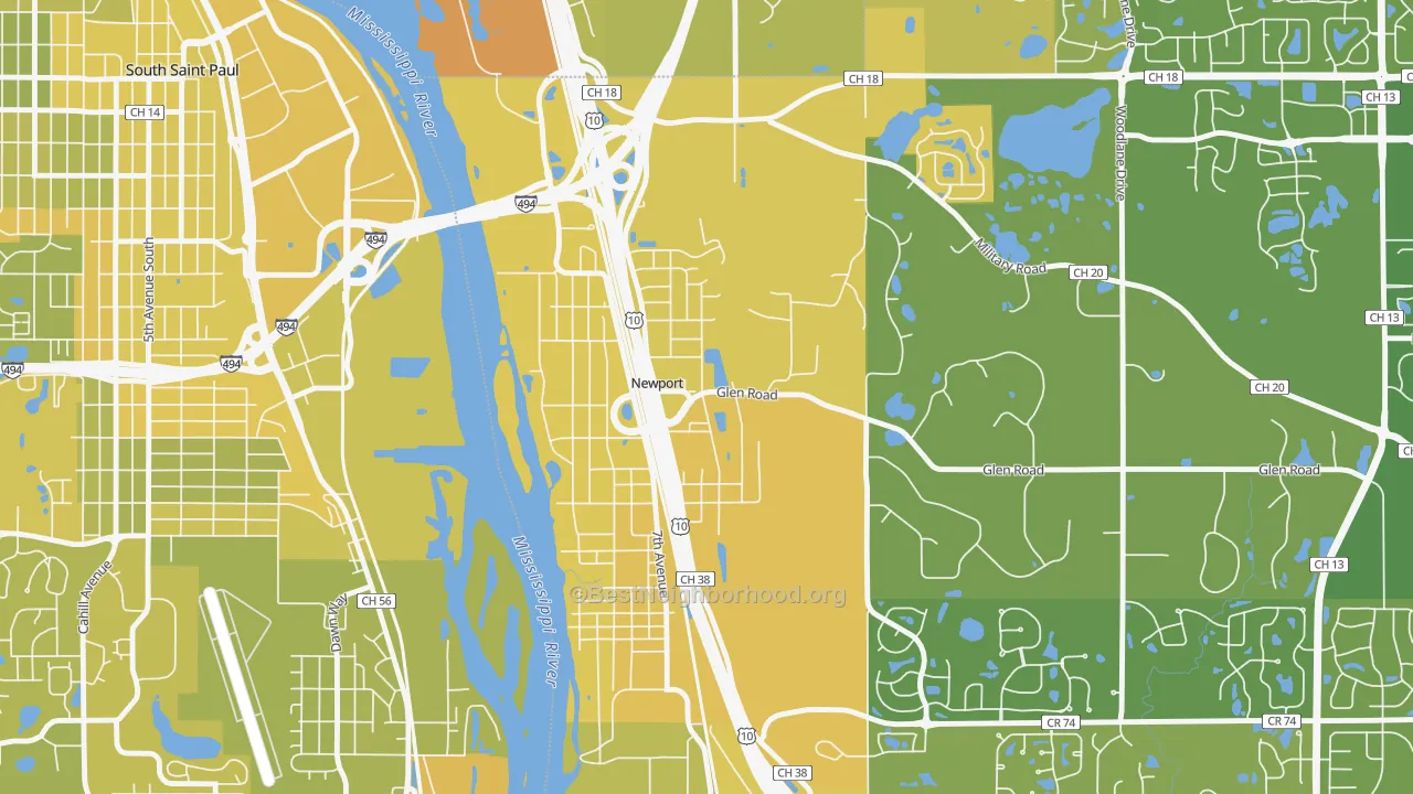 Map of the best neighborhoods in the Newport area, with better matches in green and worse matches in red