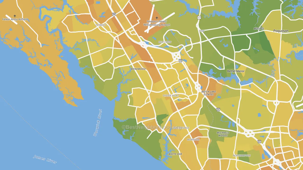 Map of the best neighborhoods in the Newport News City area, with better matches in green and worse matches in red