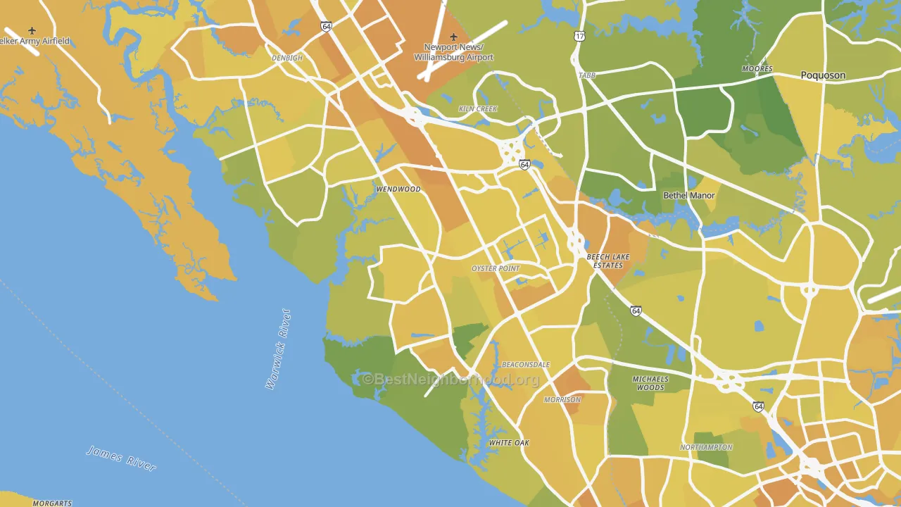 Map of the best neighborhoods in the Newport News area, with better matches in green and worse matches in red