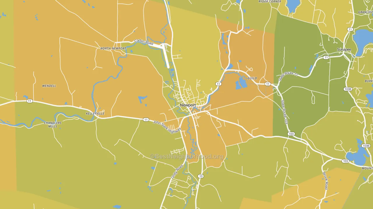 Map of the best neighborhoods in the Newport area, with better matches in green and worse matches in red