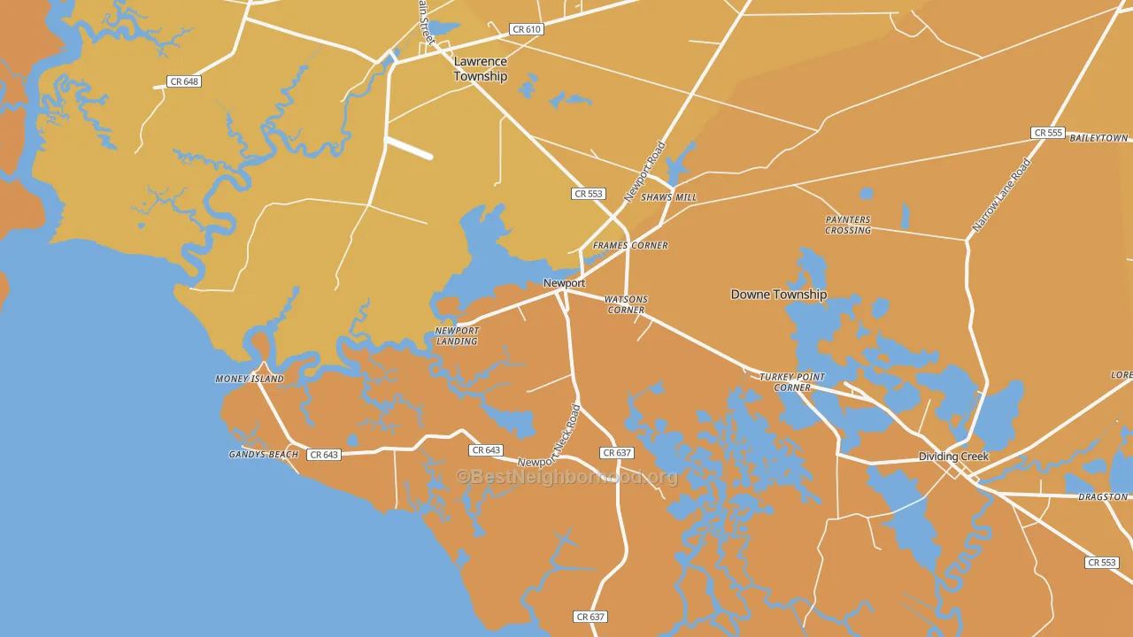 Map of the best neighborhoods in the Newport area, with better matches in green and worse matches in red