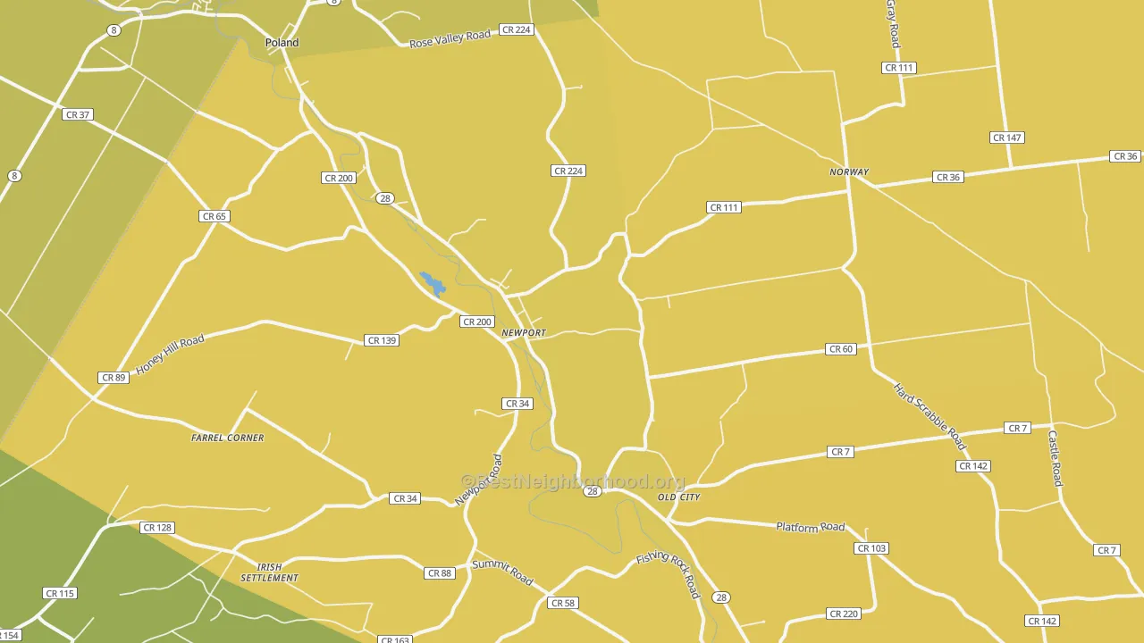 Map of the best neighborhoods in the Newport area, with better matches in green and worse matches in red