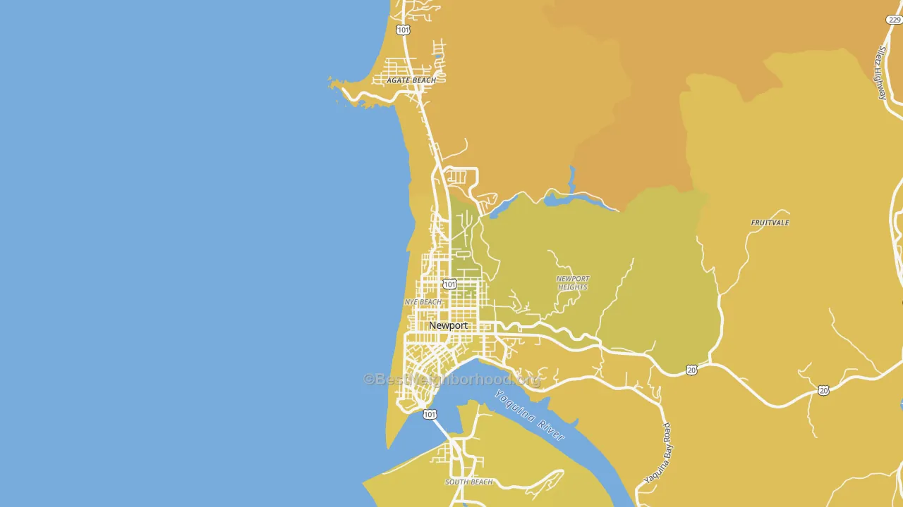 Map of the best neighborhoods in the Newport area, with better matches in green and worse matches in red