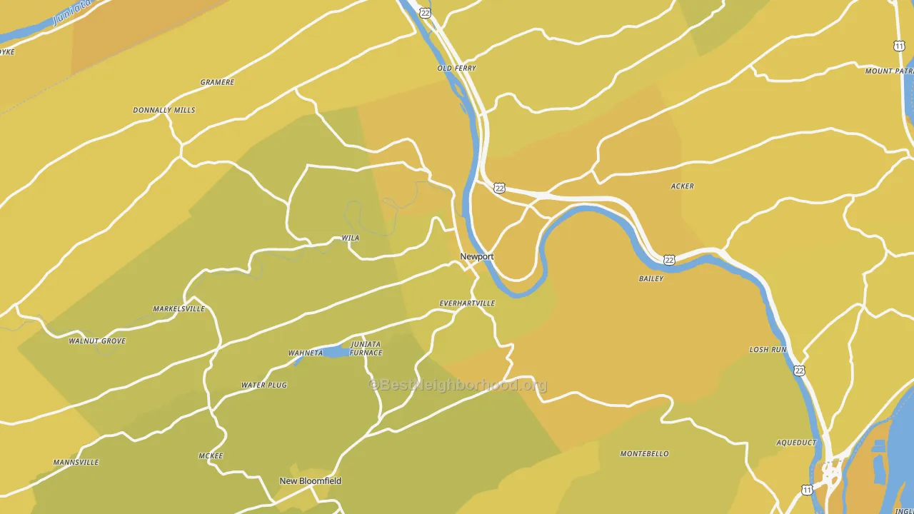 Map of the best neighborhoods in the Newport area, with better matches in green and worse matches in red