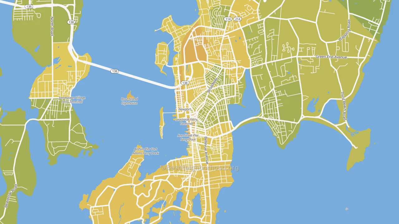 Map of the best neighborhoods in the Newport area, with better matches in green and worse matches in red