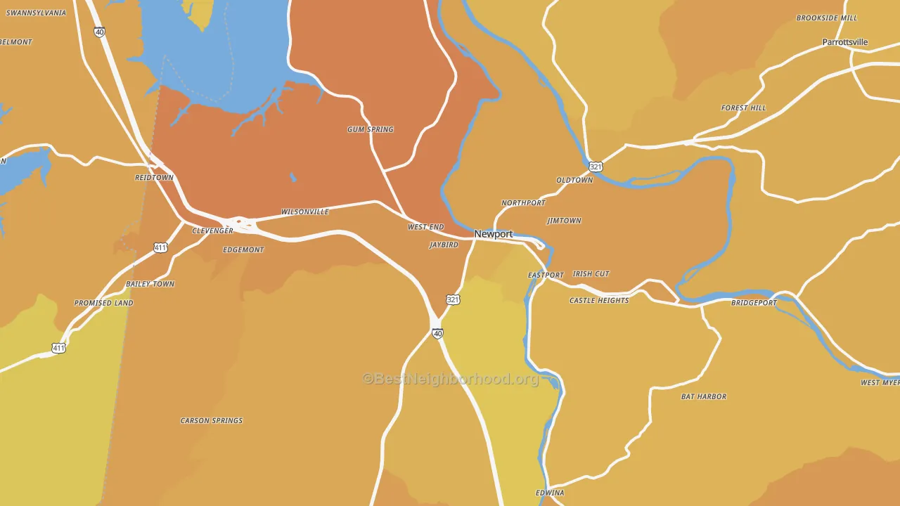 Map of the best neighborhoods in the Newport area, with better matches in green and worse matches in red