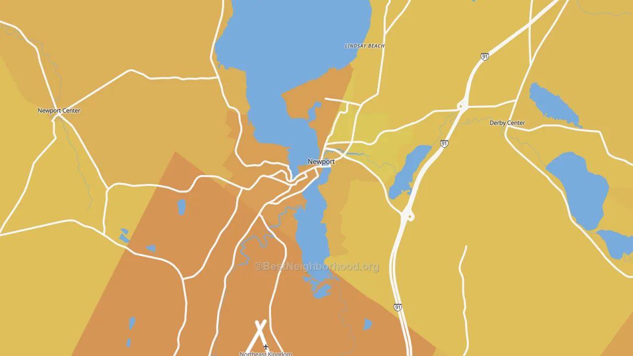 Map of the best neighborhoods in the Newport area, with better matches in green and worse matches in red