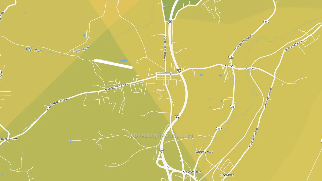 Map of the best neighborhoods in the Newry area, with better matches in green and worse matches in red