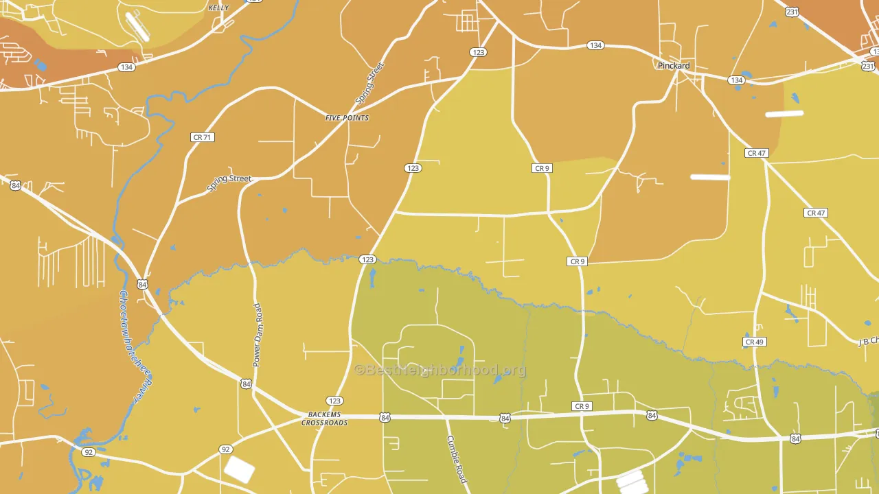 Map of the best neighborhoods in the Newton area, with better matches in green and worse matches in red