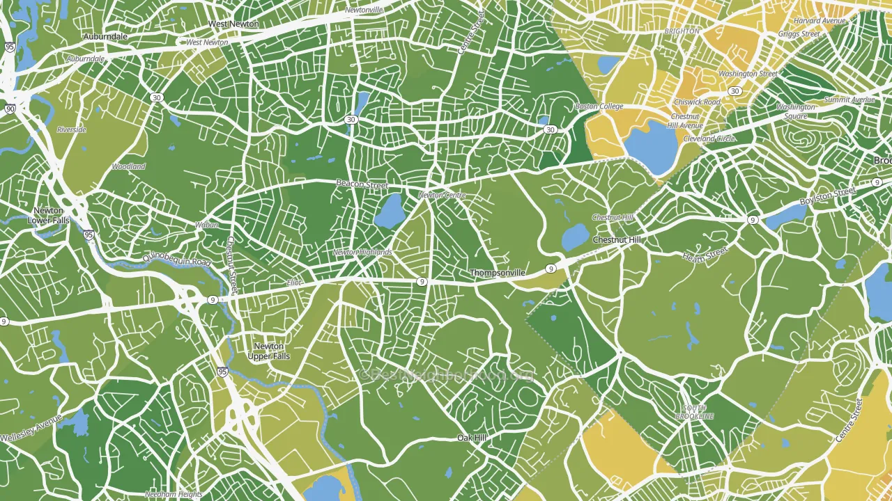 Map of the best neighborhoods in the Newton Center area, with better matches in green and worse matches in red