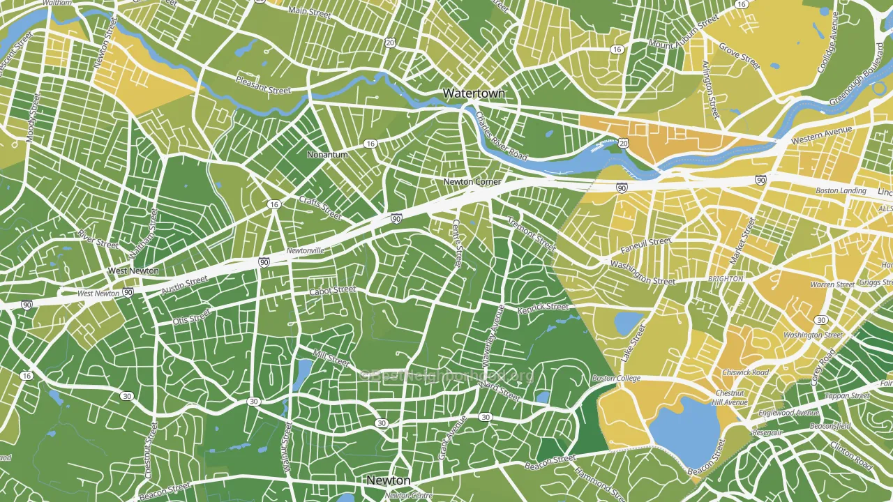 Map of the best neighborhoods in the Newton Corner, Newton area, with better matches in green and worse matches in red
