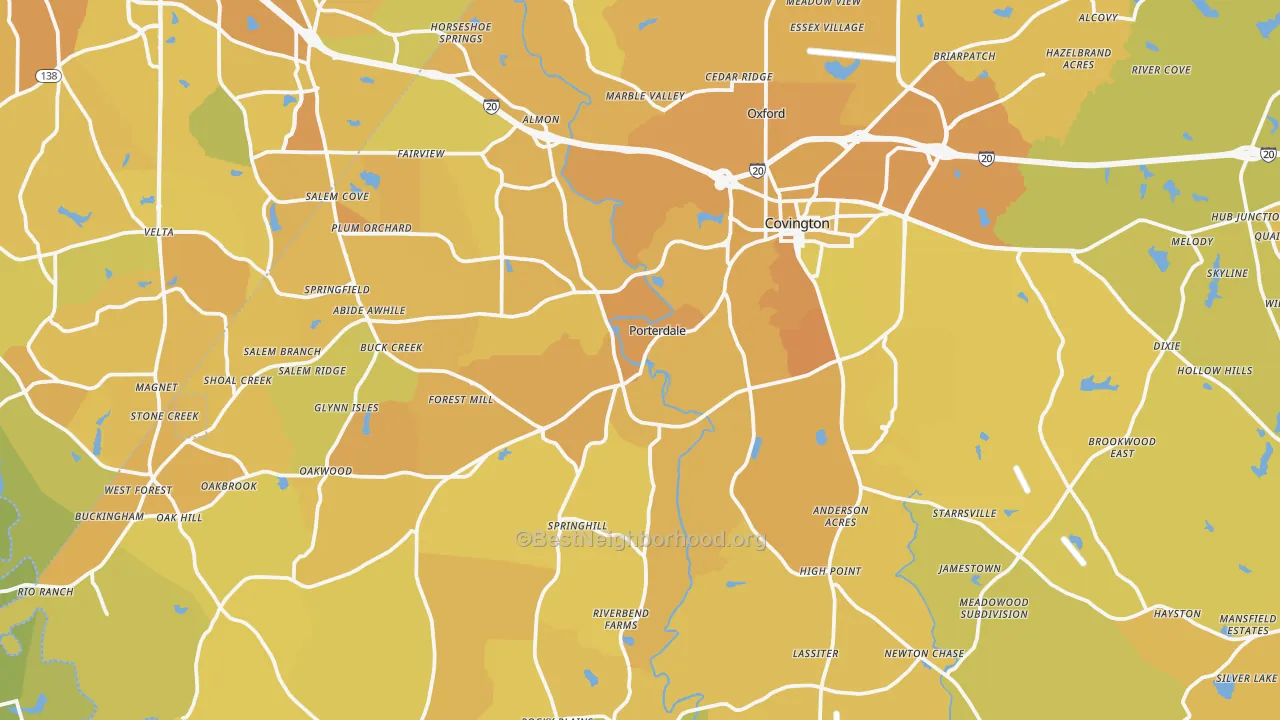 Map of the best neighborhoods in the Newton County area, with better matches in green and worse matches in red