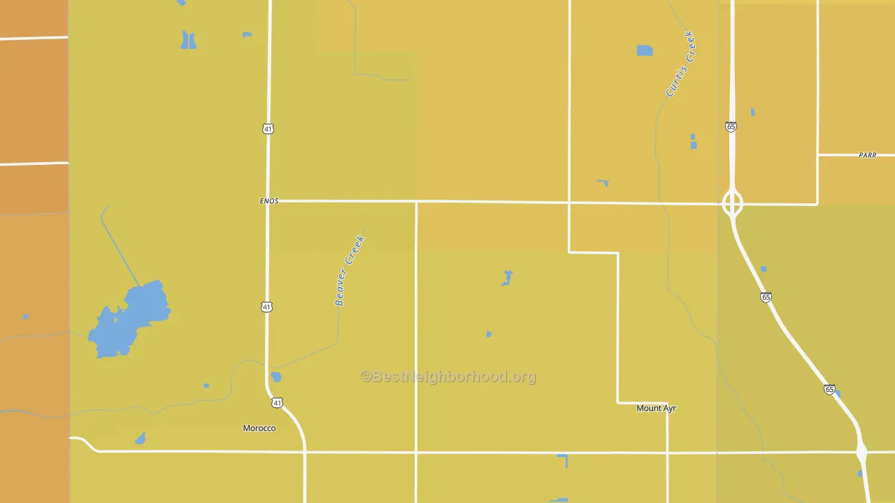 Map of the best neighborhoods in the Newton County area, with better matches in green and worse matches in red