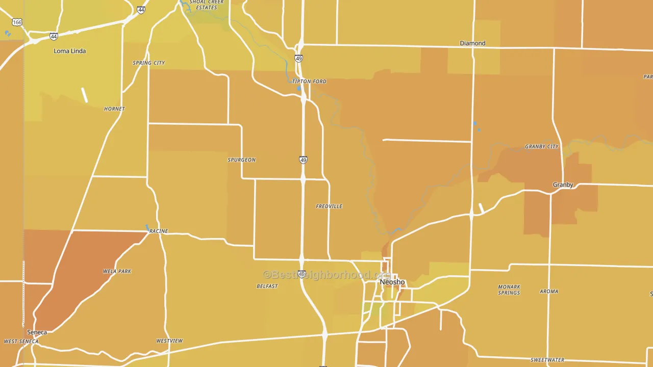 Map of the best neighborhoods in the Newton County area, with better matches in green and worse matches in red