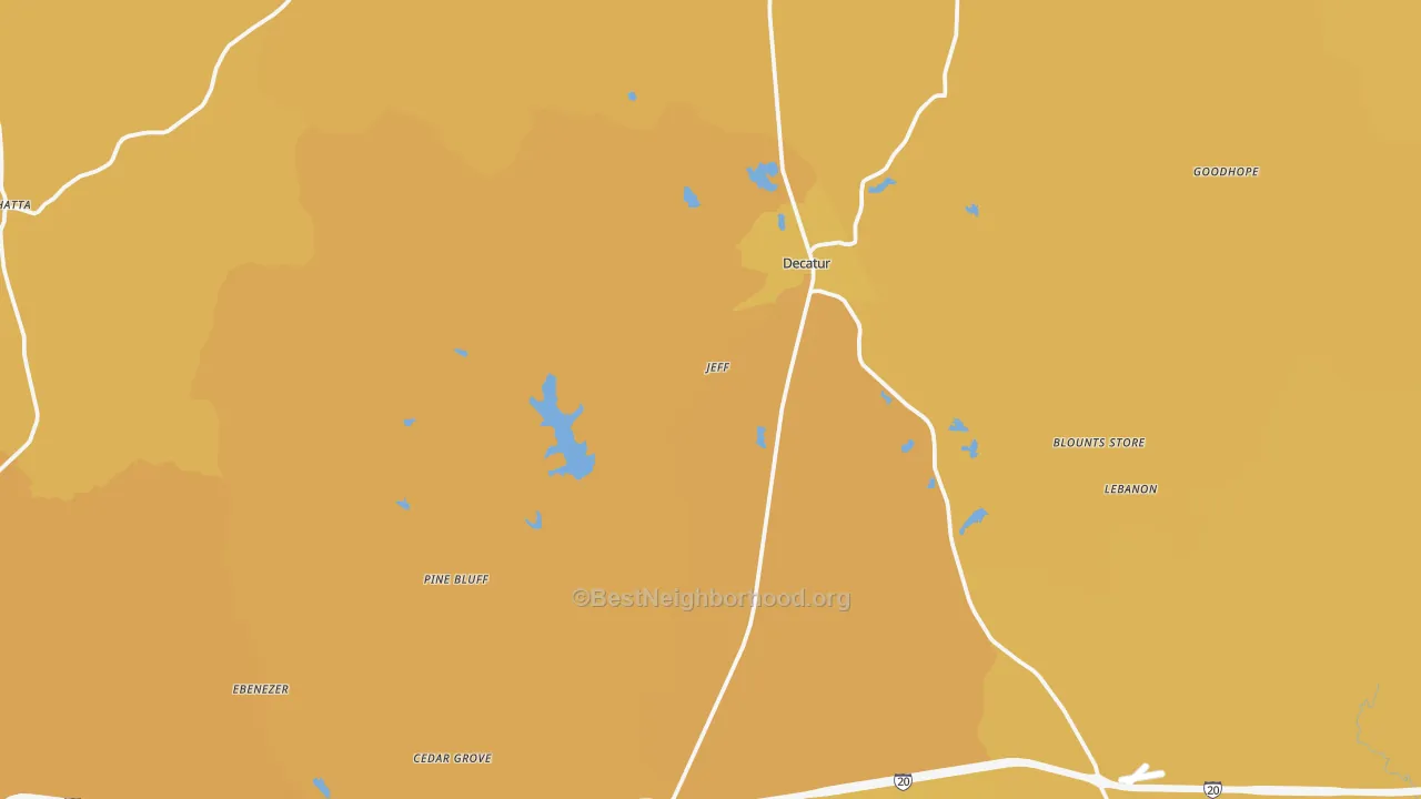 Map of the best neighborhoods in the Newton County area, with better matches in green and worse matches in red
