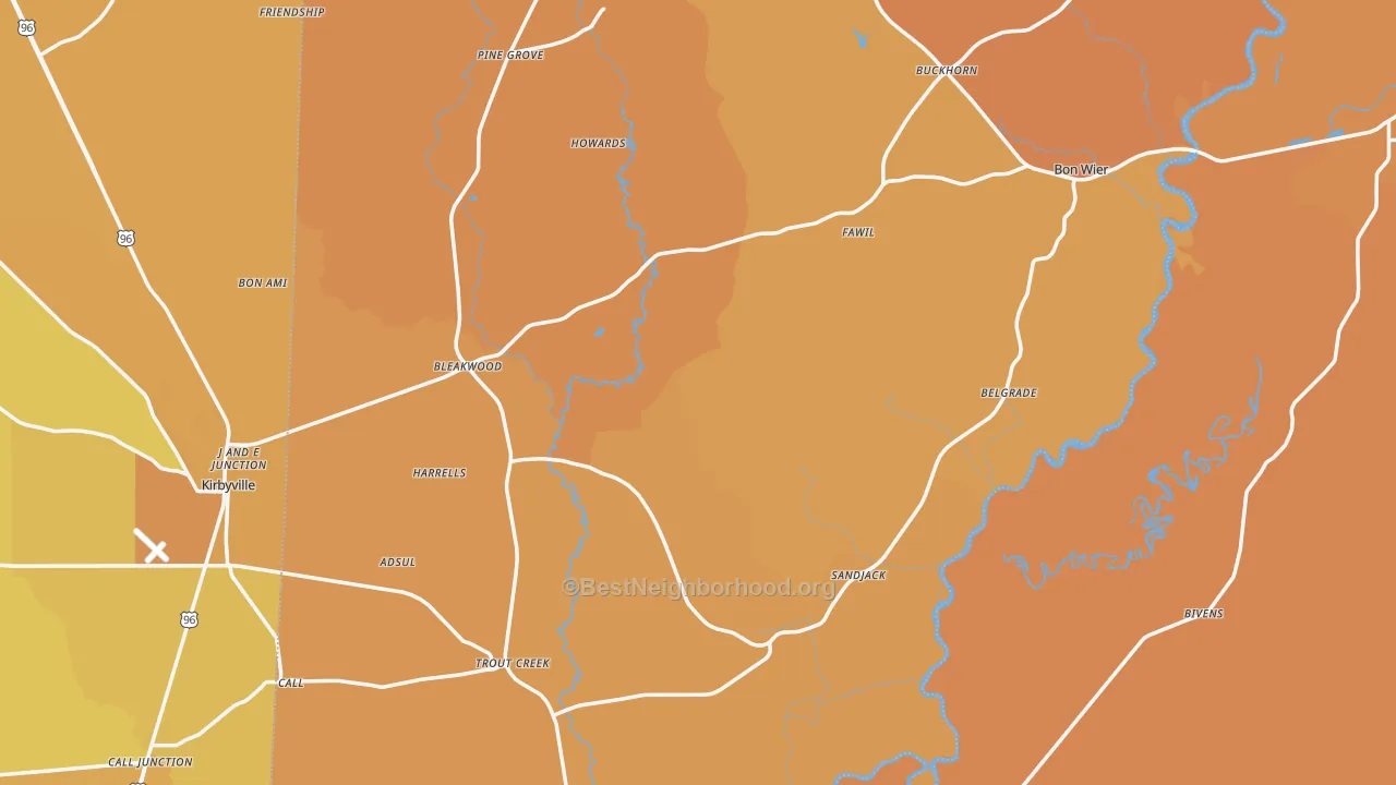 Map of the best neighborhoods in the Newton County area, with better matches in green and worse matches in red