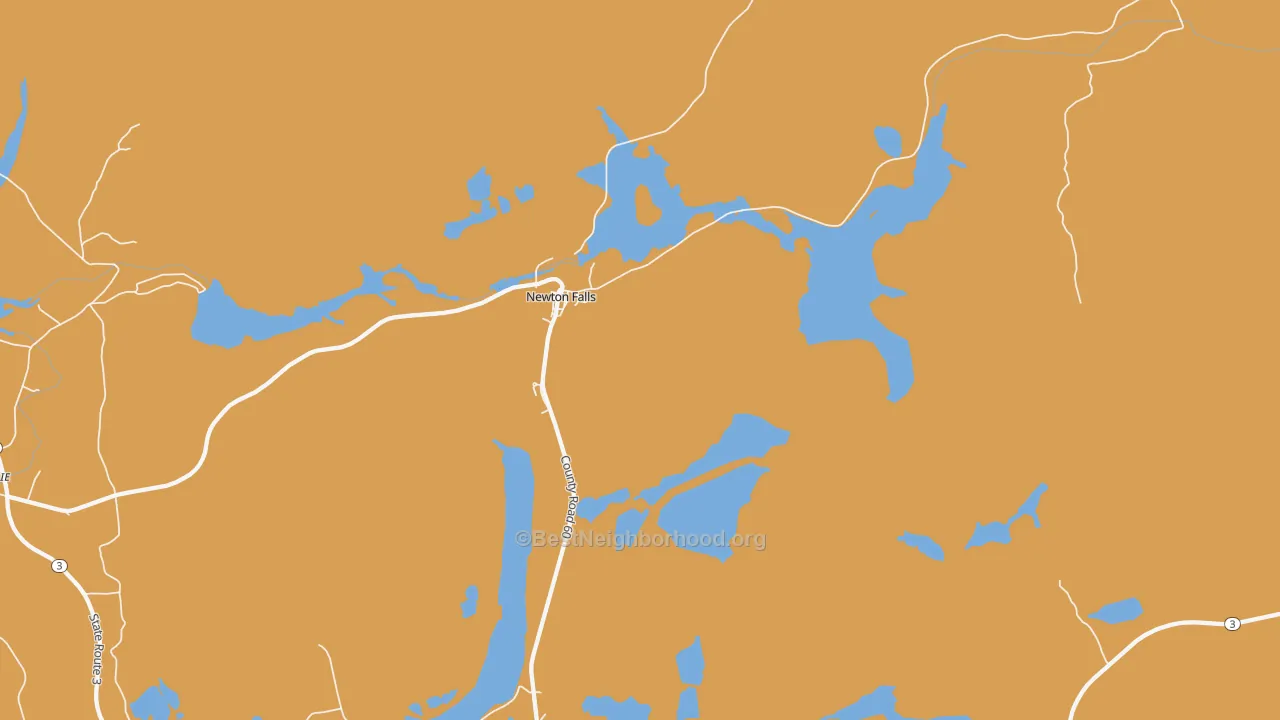 Map of the best neighborhoods in the Newton Falls area, with better matches in green and worse matches in red