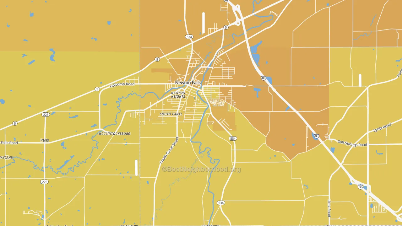 Map of the best neighborhoods in the Newton Falls area, with better matches in green and worse matches in red
