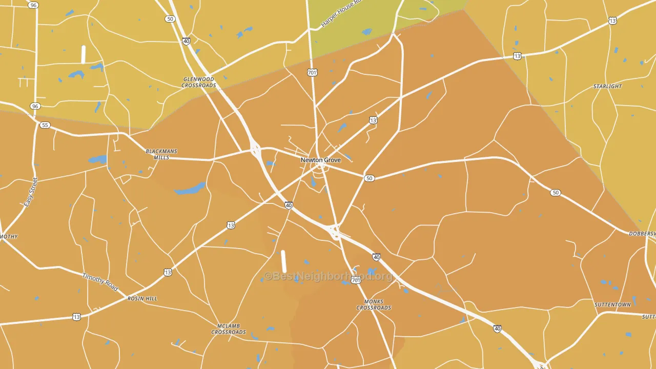 Map of the best neighborhoods in the Newton Grove area, with better matches in green and worse matches in red