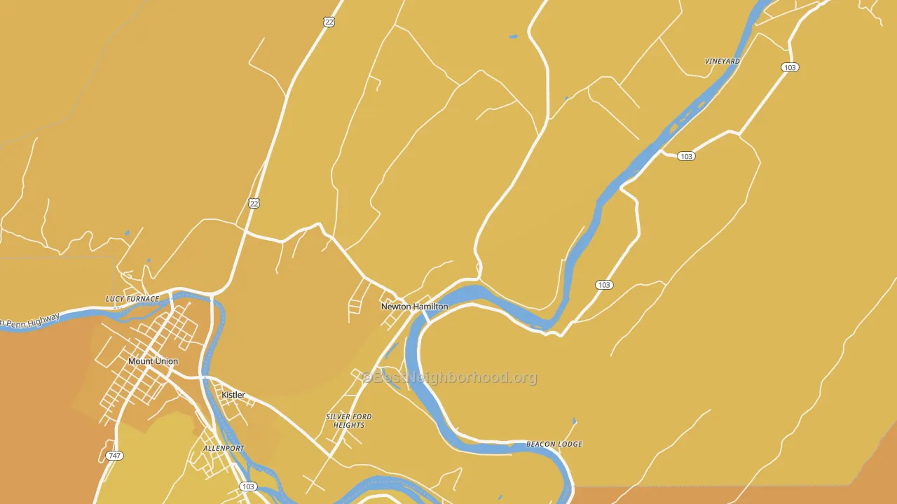 Map of the best neighborhoods in the Newton Hamilton area, with better matches in green and worse matches in red