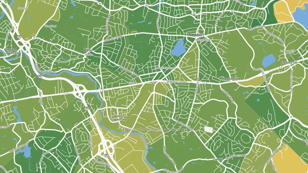 Map of the best neighborhoods in the Newton Highlands area, with better matches in green and worse matches in red