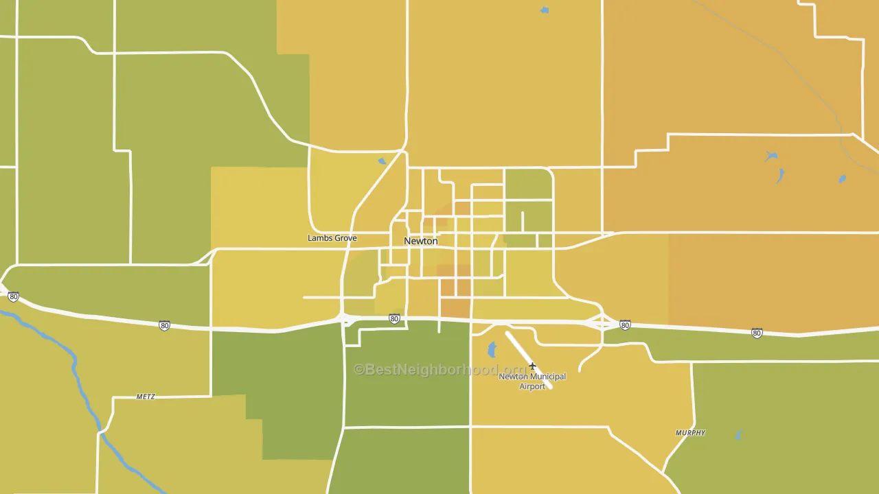 Map of the best neighborhoods in the Newton area, with better matches in green and worse matches in red