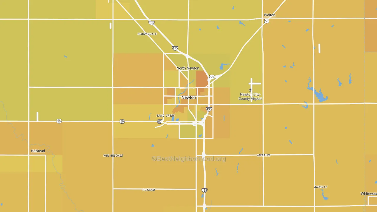 Map of the best neighborhoods in the Newton area, with better matches in green and worse matches in red