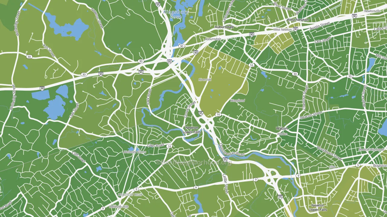 Map of the best neighborhoods in the Newton Lower Falls area, with better matches in green and worse matches in red