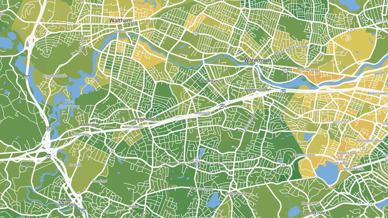 Map of the best neighborhoods in the Newton area, with better matches in green and worse matches in red
