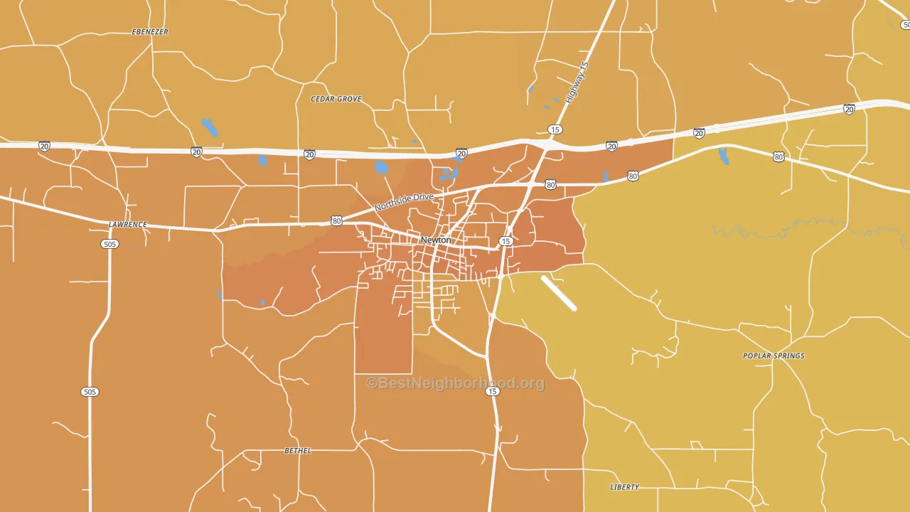 Map of the best neighborhoods in the Newton area, with better matches in green and worse matches in red
