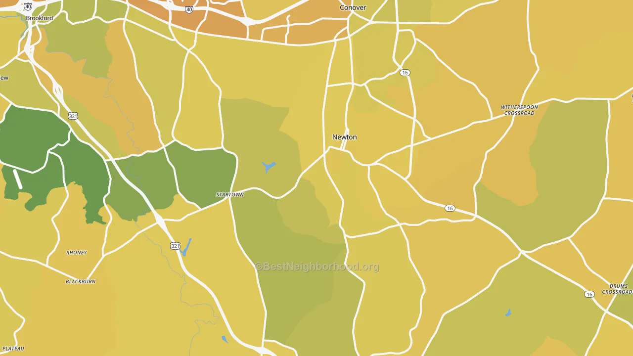 Map of the best neighborhoods in the Newton area, with better matches in green and worse matches in red