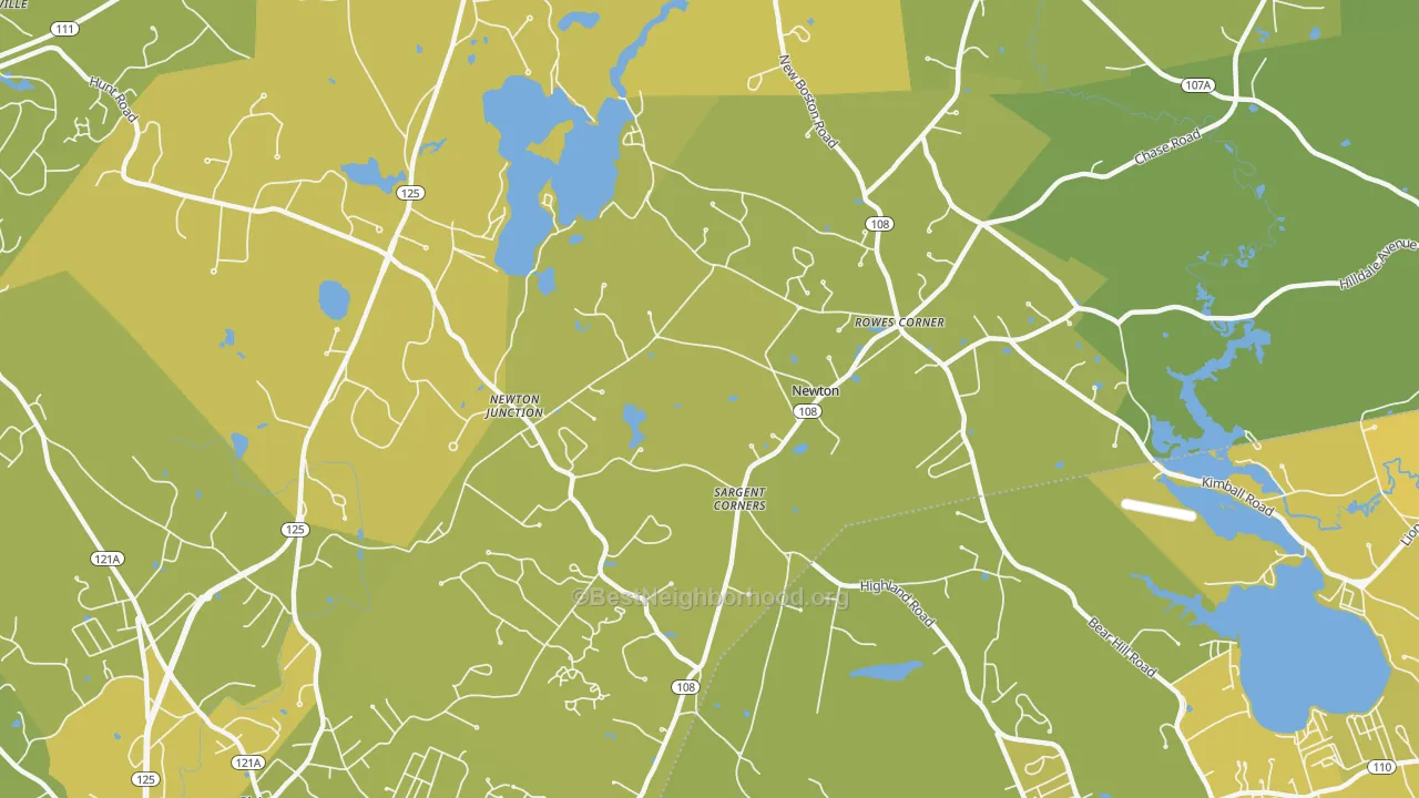 Map of the best neighborhoods in the Newton area, with better matches in green and worse matches in red