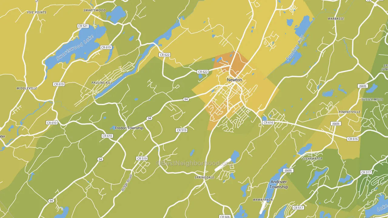 Map of the best neighborhoods in the Newton area, with better matches in green and worse matches in red
