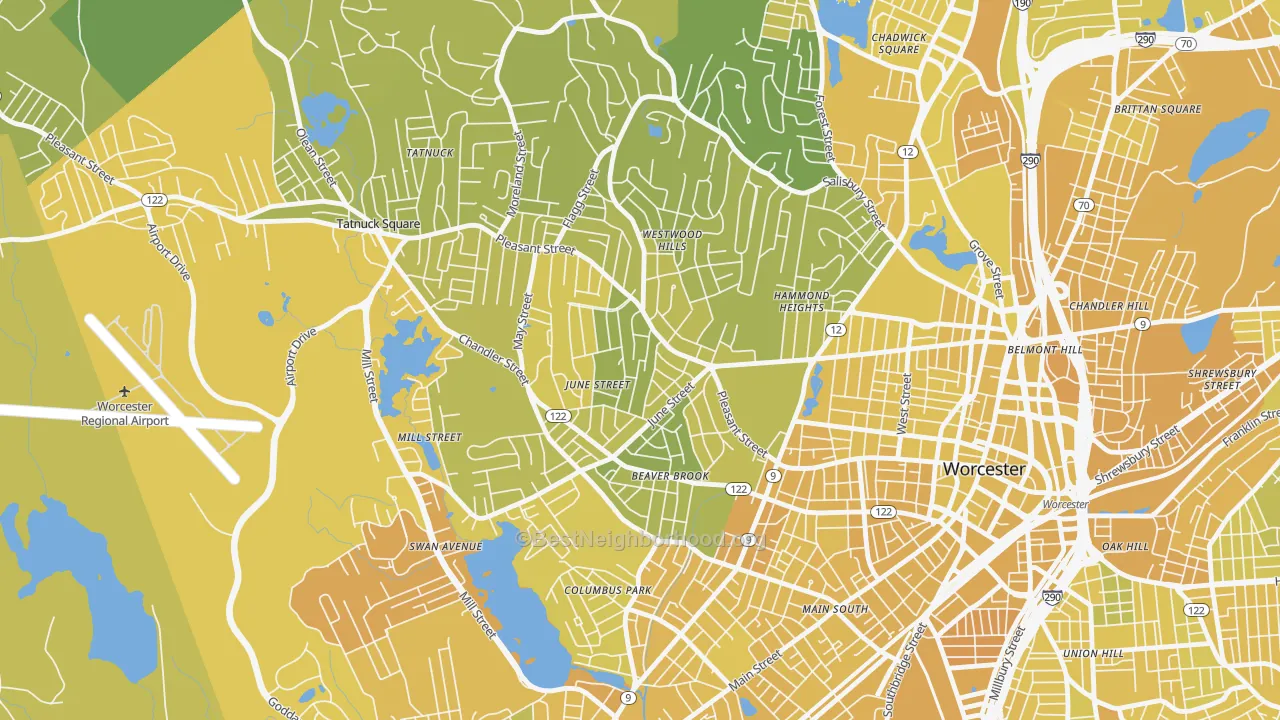 Map of the best neighborhoods in the Newton Square, Worcester area, with better matches in green and worse matches in red