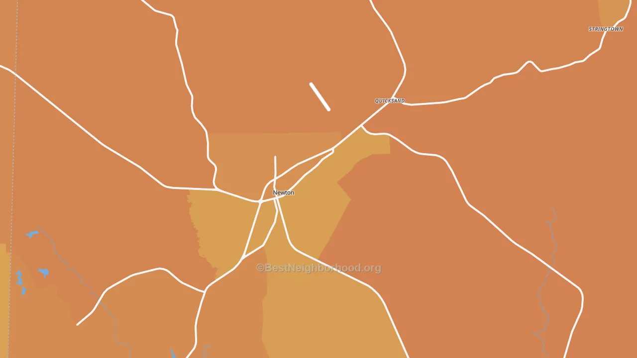 Map of the best neighborhoods in the Newton area, with better matches in green and worse matches in red