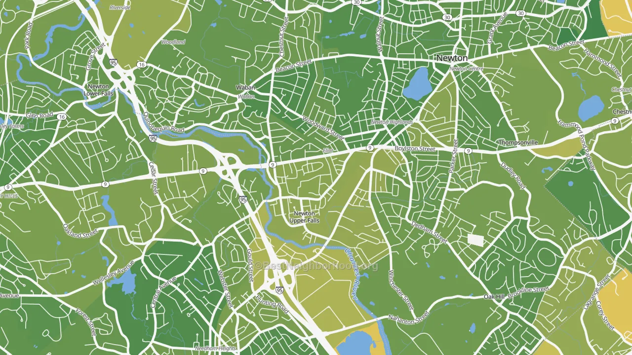 Map of the best neighborhoods in the Newton Upper Falls area, with better matches in green and worse matches in red