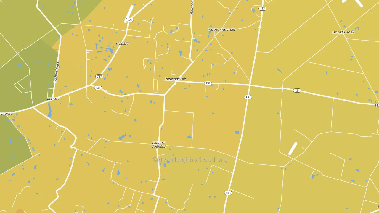 Map of the best neighborhoods in the Newtonsville area, with better matches in green and worse matches in red
