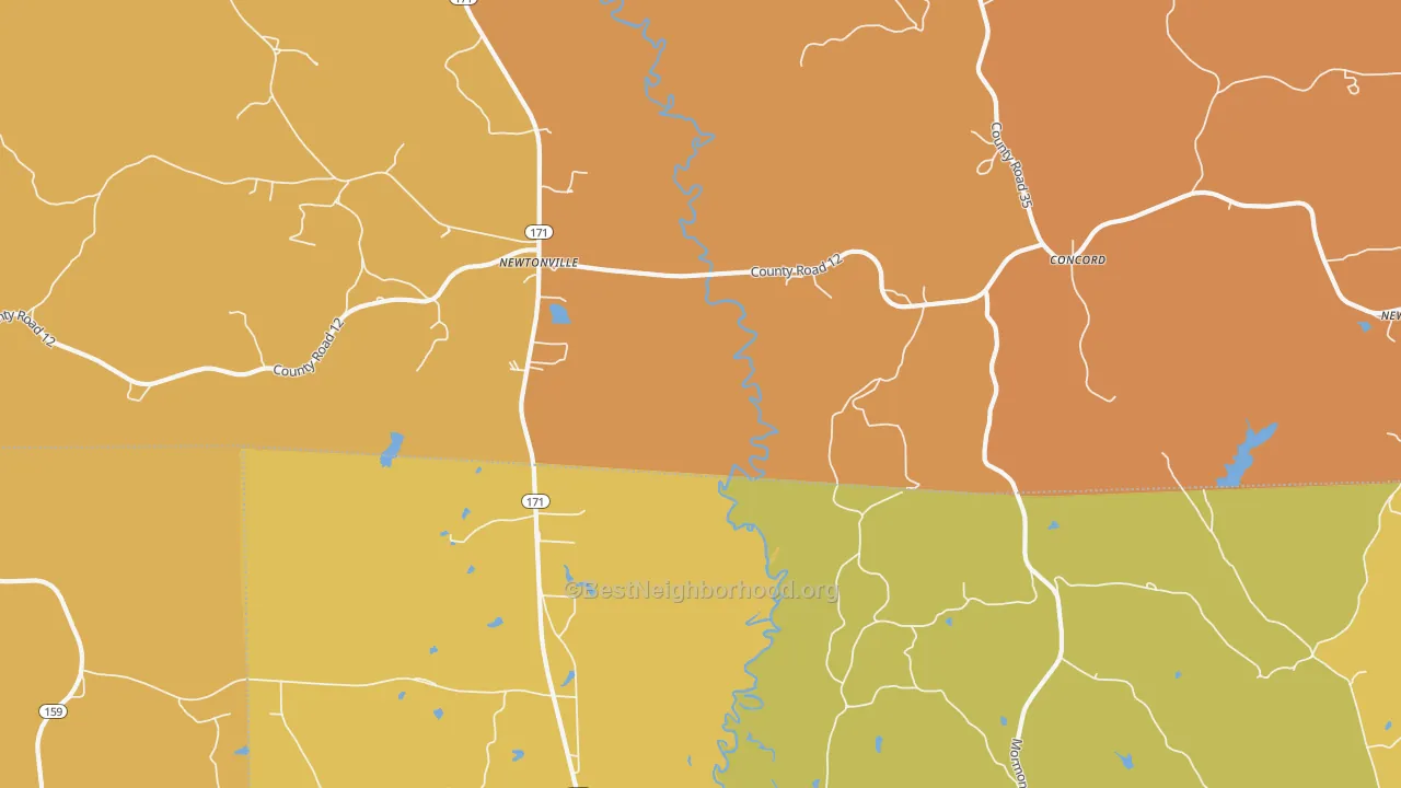 Map of the best neighborhoods in the Newtonville area, with better matches in green and worse matches in red