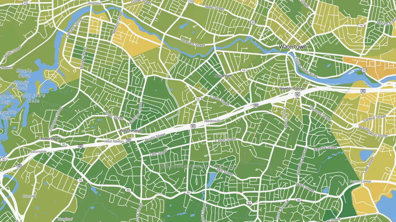 Map of the best neighborhoods in the Newtonville area, with better matches in green and worse matches in red