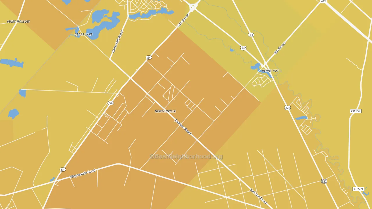 Map of the best neighborhoods in the Newtonville area, with better matches in green and worse matches in red