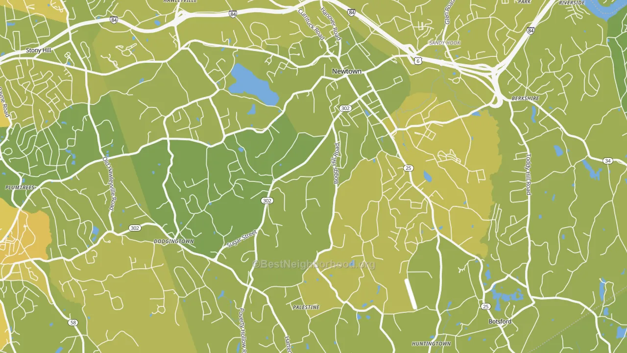 Map of the best neighborhoods in the Newtown area, with better matches in green and worse matches in red