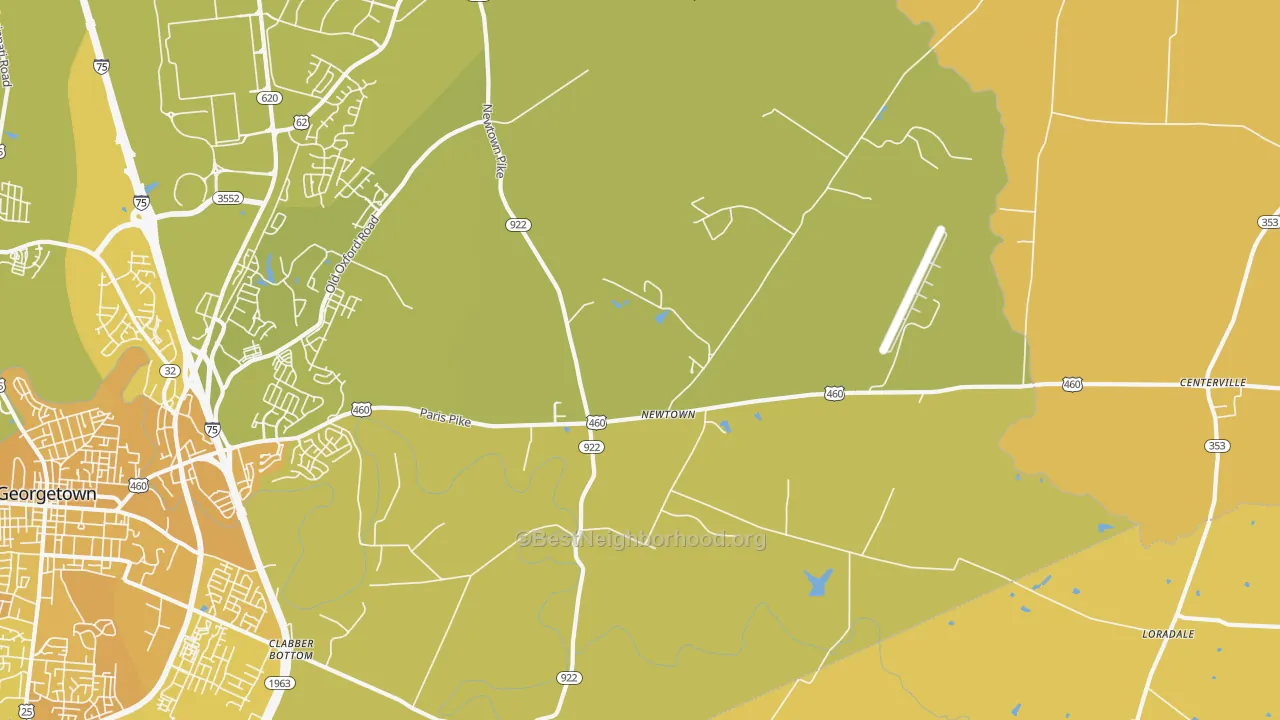 Map of the best neighborhoods in the Newtown area, with better matches in green and worse matches in red