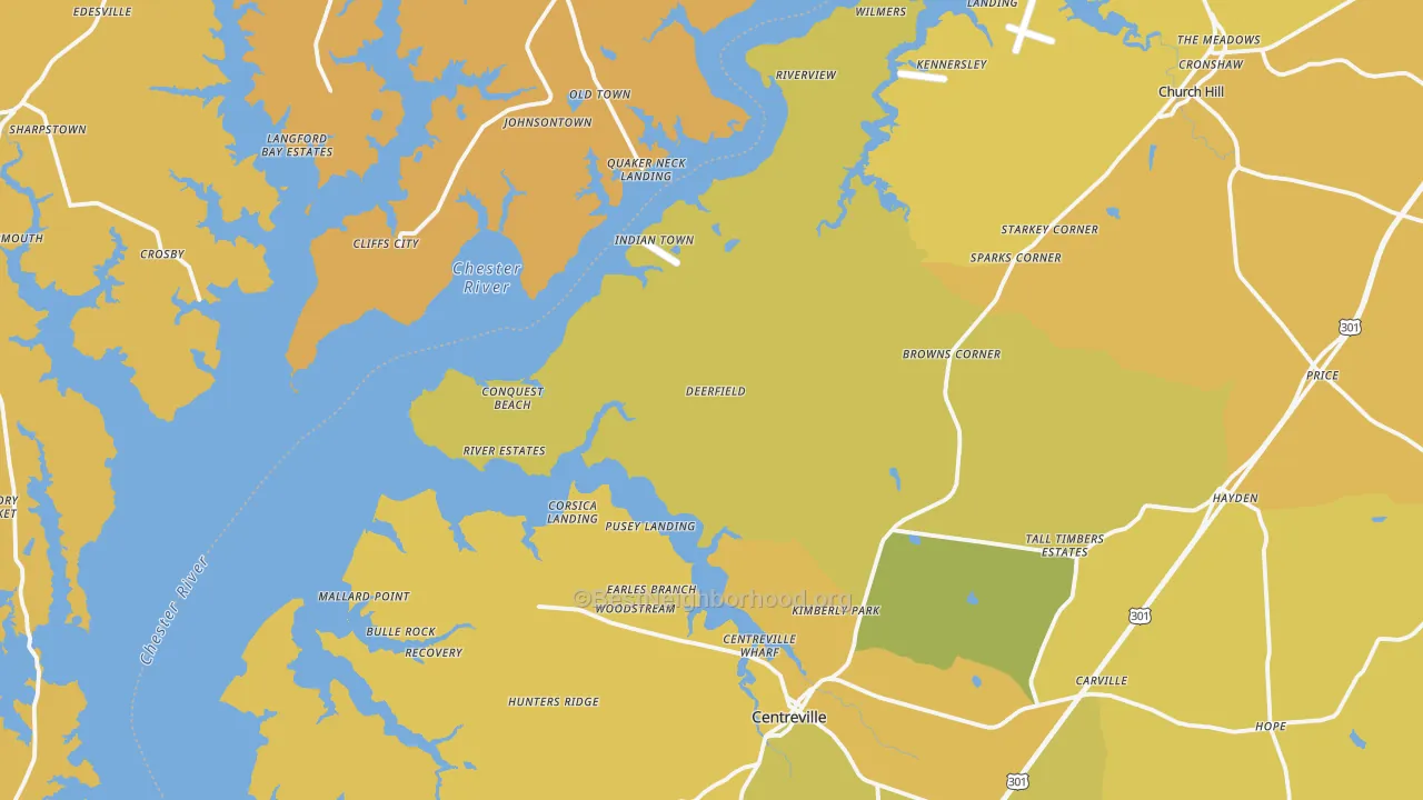 Map of the best neighborhoods in the Newtown area, with better matches in green and worse matches in red