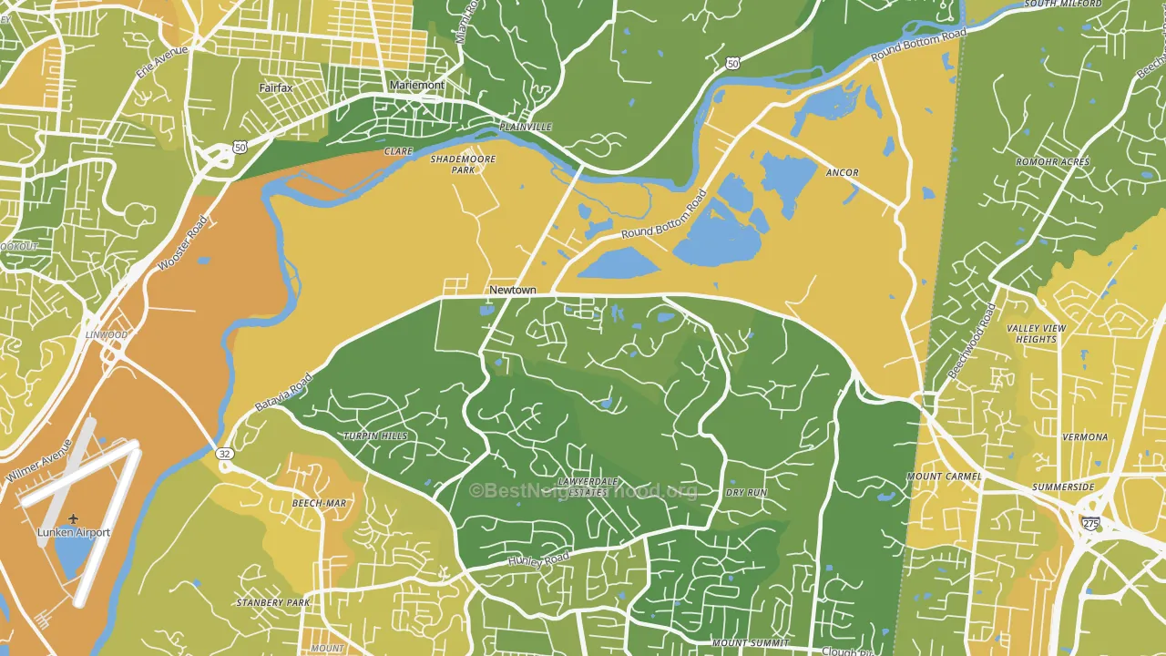 Map of the best neighborhoods in the Newtown area, with better matches in green and worse matches in red