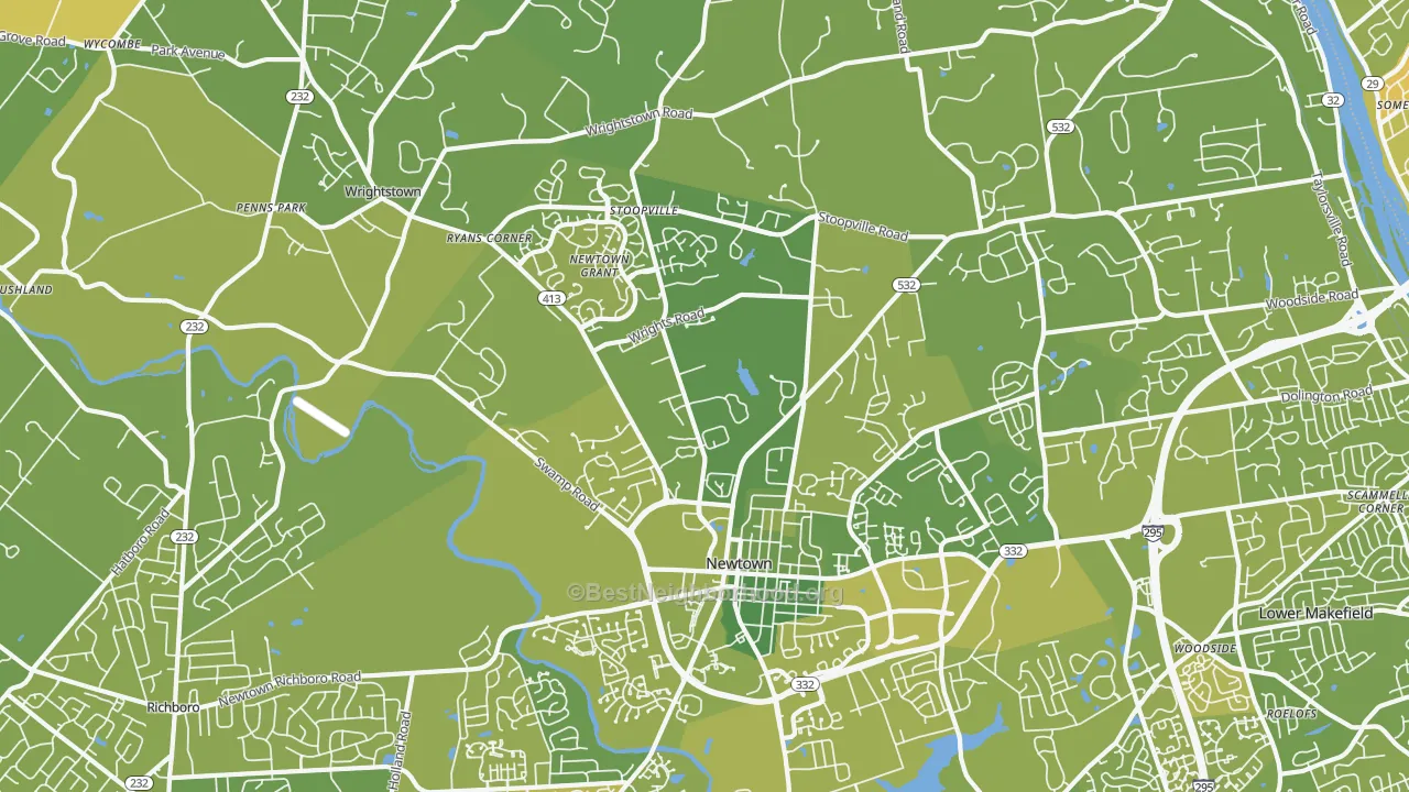Map of the best neighborhoods in the Newtown area, with better matches in green and worse matches in red